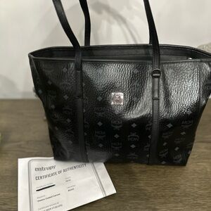 MCM Top Zip Black Visetos Tote w/COA